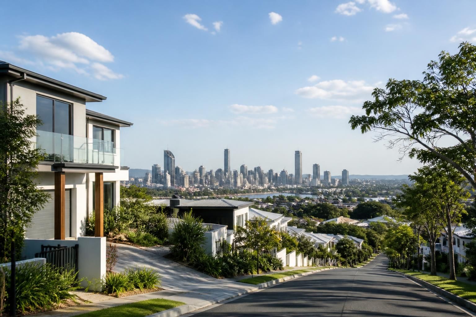 Brisbane hillside homes under open sky.