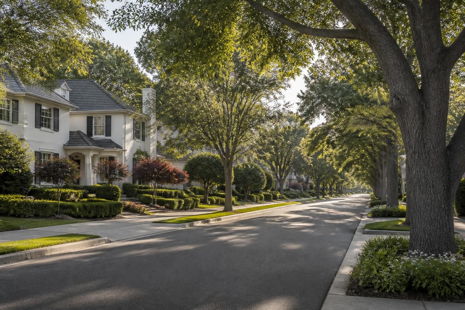 Tree-lined Burlingame street with elegant homes.