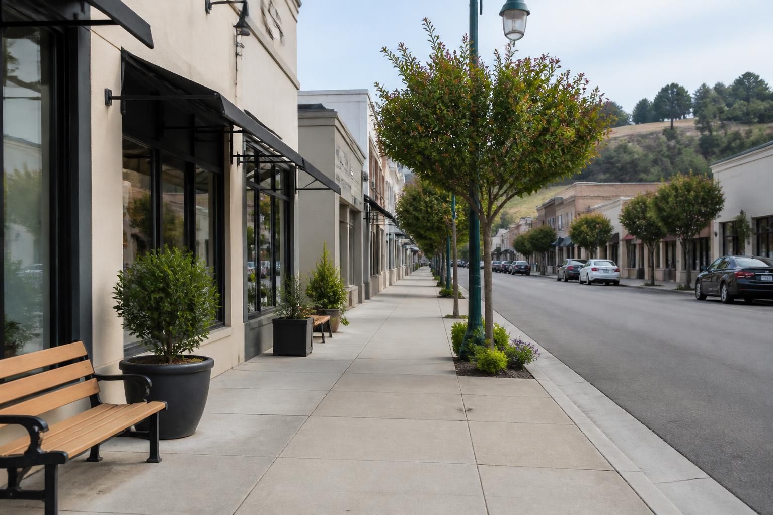 Quiet Colma commercial corridor with clean storefronts.