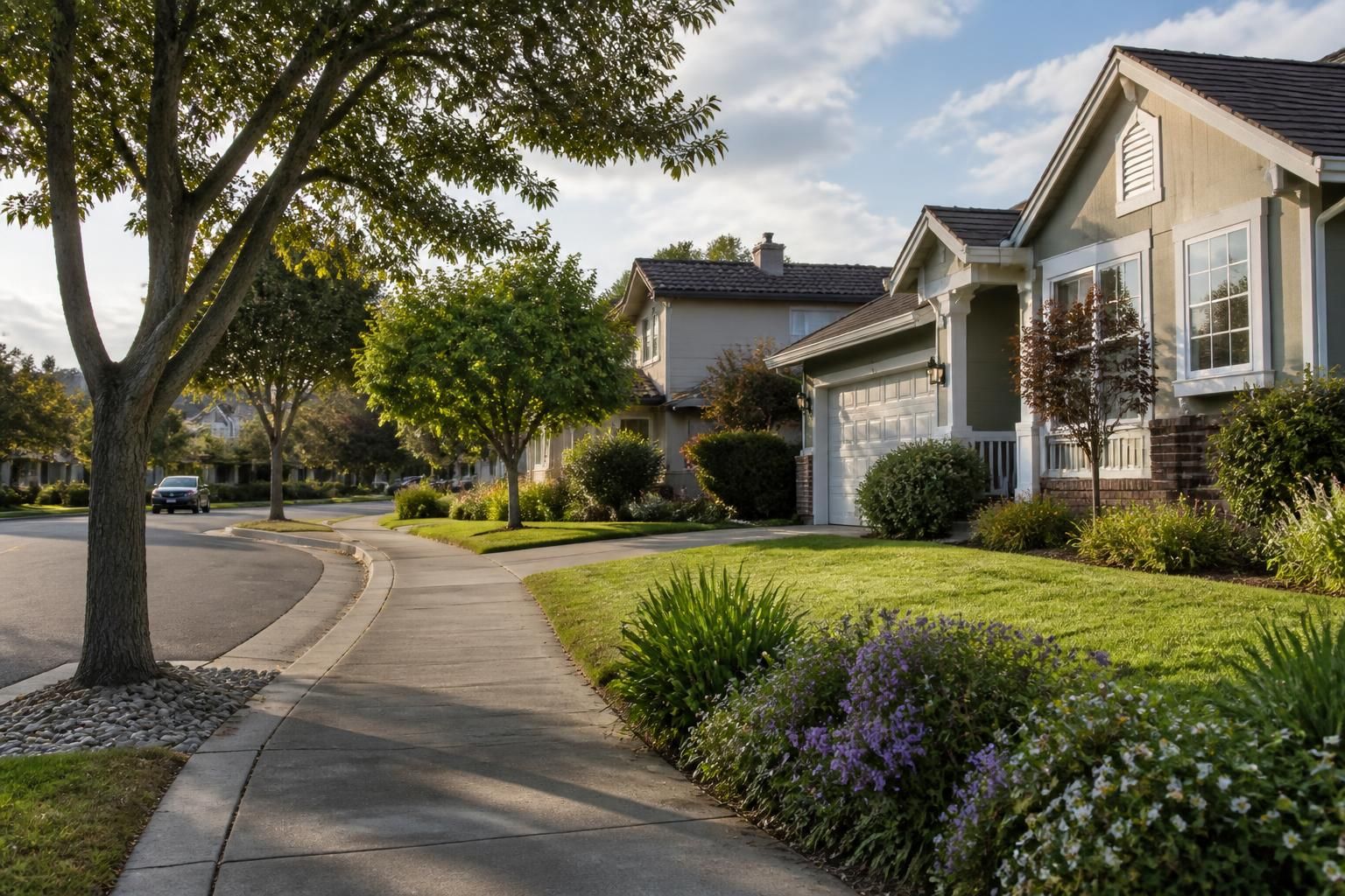 Tidy San Bruno neighborhood with trees and homes.
