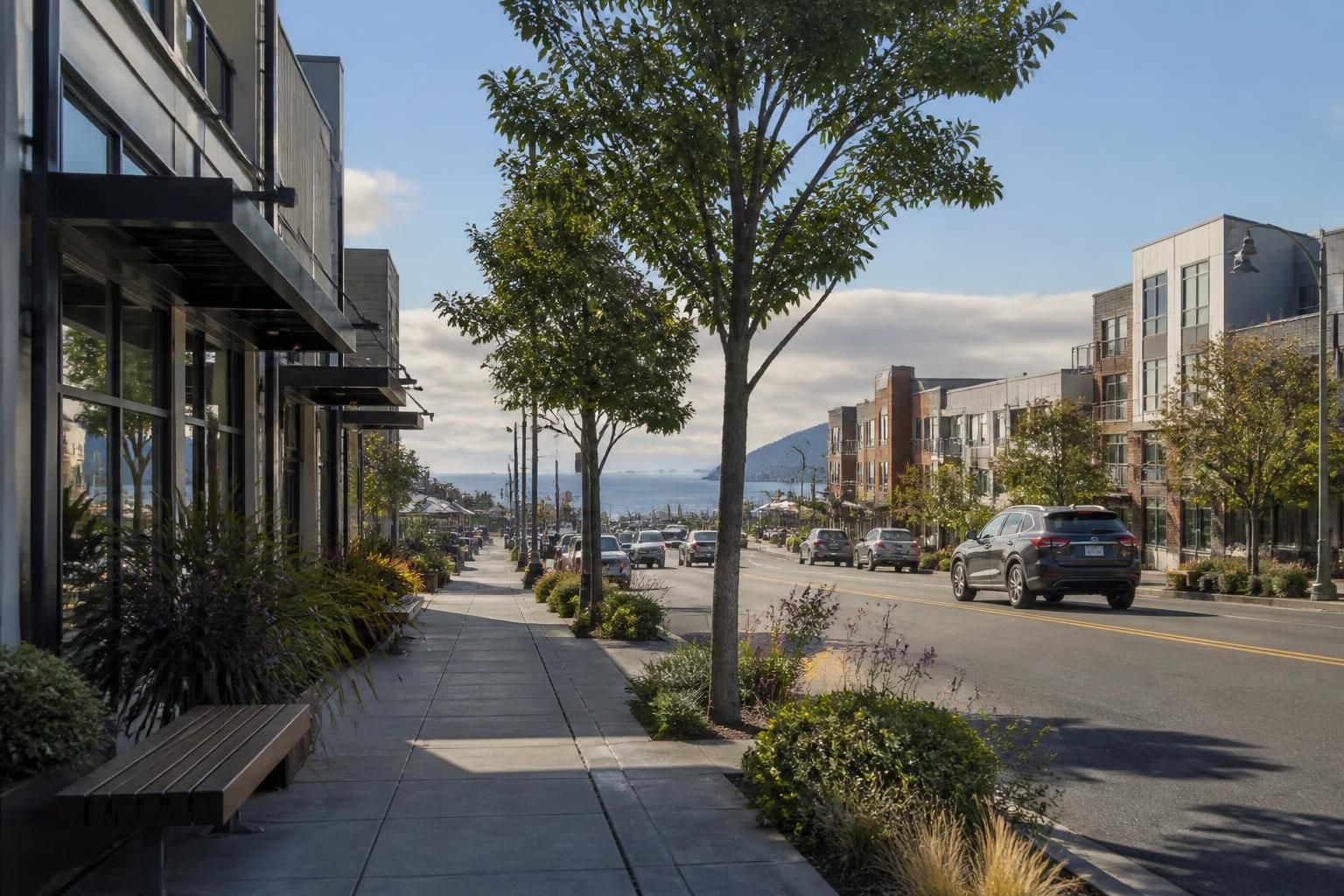 Clean South San Francisco streetscape with homes and buildings.